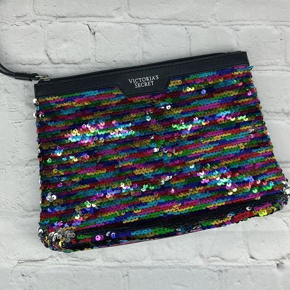 Victorias Secret Purse Rainbow Sequin Clutch Black Party Make Up Bag Travel Case